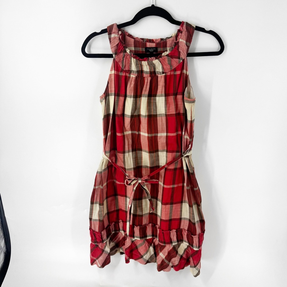 Talbots Red Plaid Sleeveless Ruffle Neck Cotton Dress Womens 2P Petite